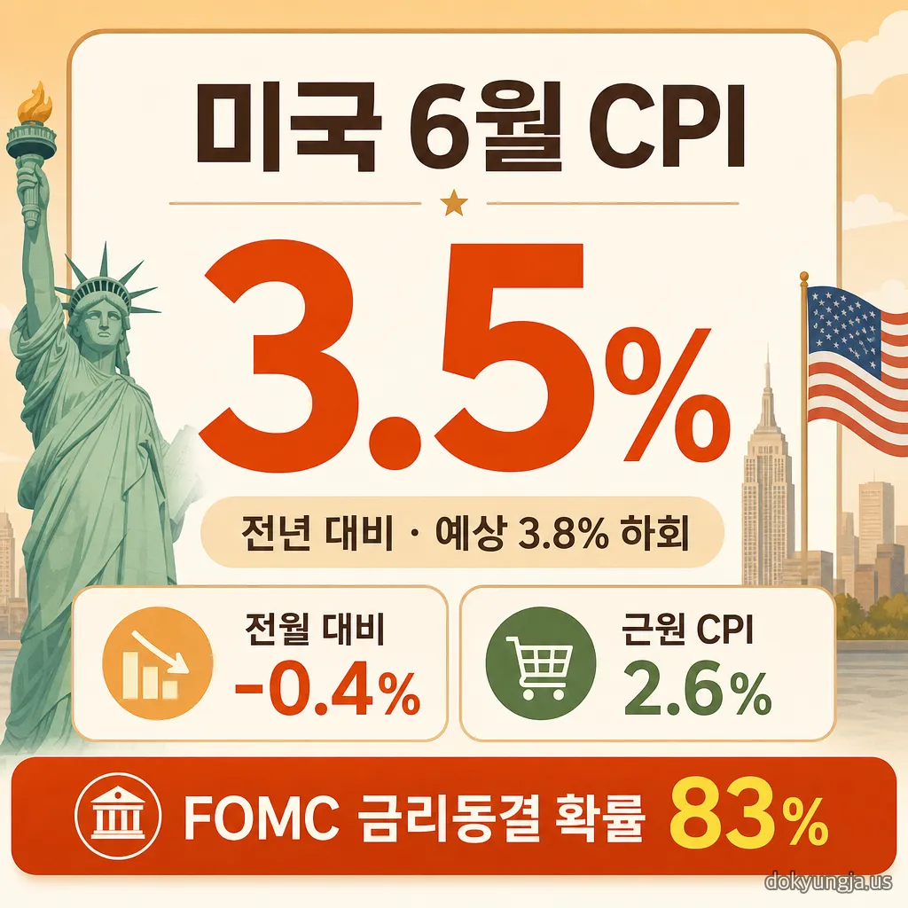 미국 6월 CPI 전년 대비 3.5%, 예상 3.8% 하회, 전월 -0.4%, 근원 2.6%, FOMC 동결 확률 83%를 정리한 인포그래픽