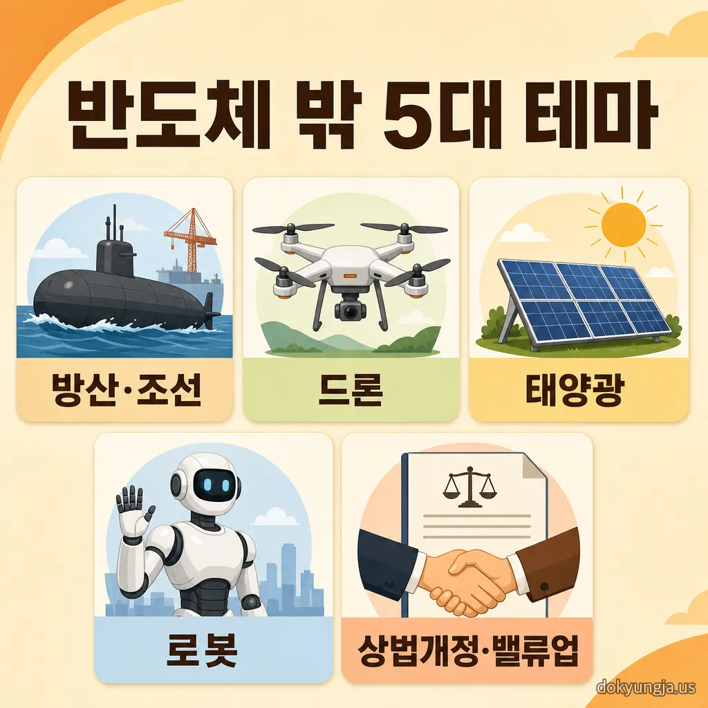 반도체 밖 5대 테마 — 방산·조선, 드론, 태양광, 로봇, 상법개정·밸류업 아이콘 카드