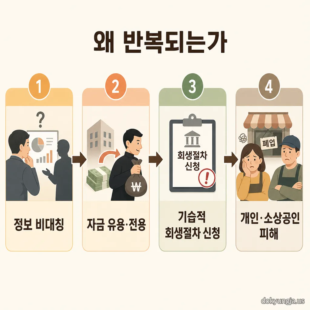 반복되는 금융사고의 공통 구조 4단계 인포그래픽 — 정보 비대칭, 자금 유용·전용, 기습적 회생절차 신청, 개인·소상공인 피해