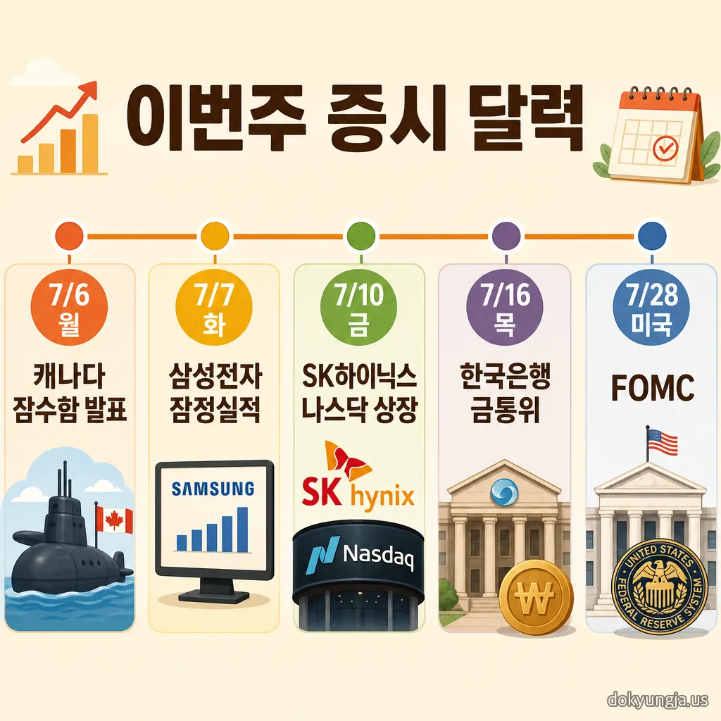 2026년 7월 6일부터 28일까지 이번주 증시 일정 타임라인 — 캐나다 잠수함 발표, 삼성전자 잠정실적, SK하이닉스 나스닥 상장, 한국은행 금통위, 미국 FOMC