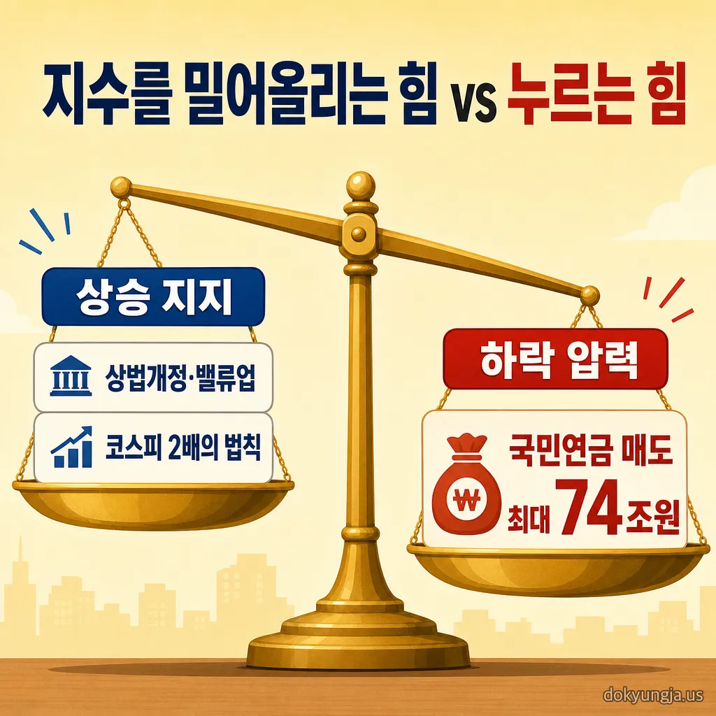 코스피 2배의 법칙·상법개정이라는 상승 지지 힘과, 국민연금 리밸런싱 매도 최대 74조 원이라는 하락 압력을 저울로 비교한 인포그래픽