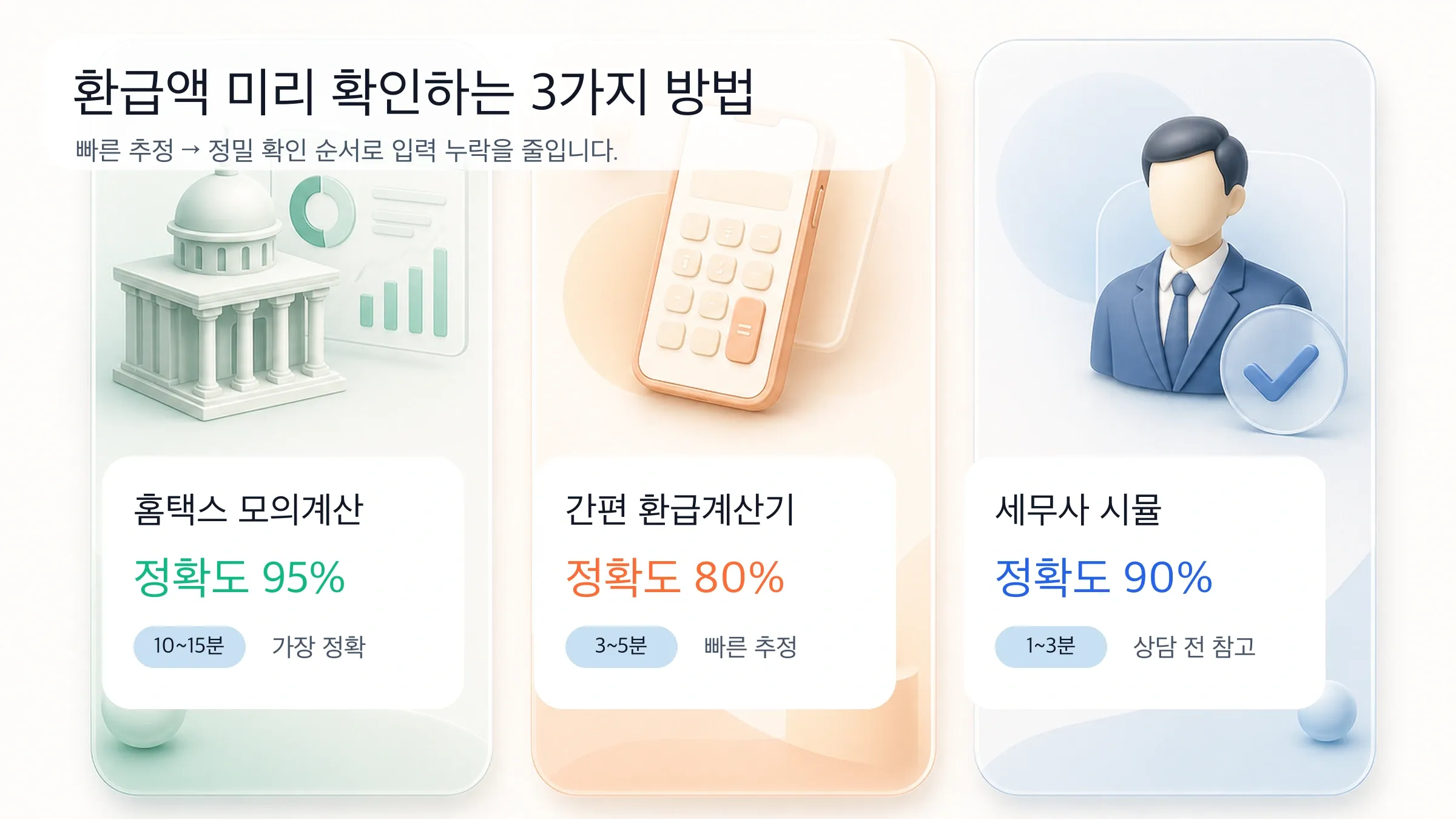 종소세 환급액 미리 확인하는 3가지 방법 비교 인포그래픽 - 홈택스 모의계산, 간편 환급계산기, 세무사 시뮬