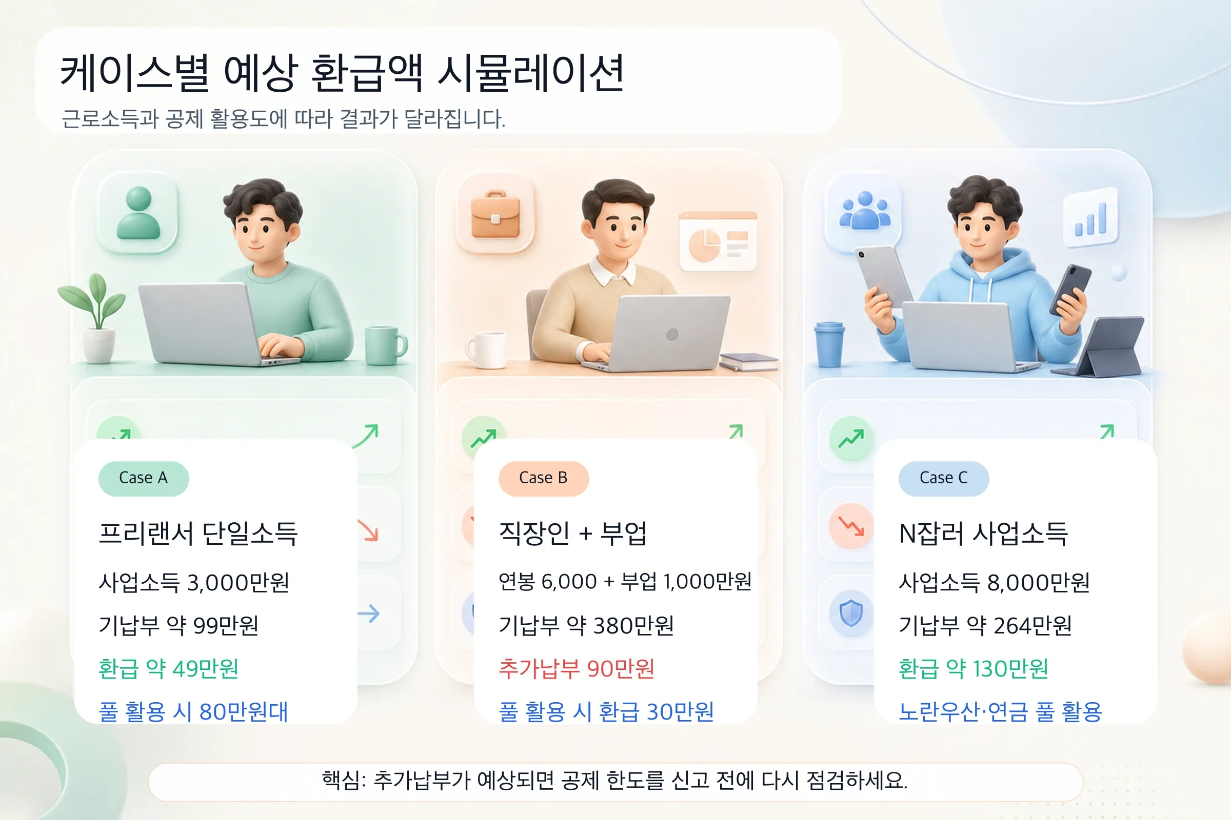 직장인 부업러, 프리랜서, N잡러 케이스별 종소세 환급 시뮬레이션 비교 인포그래픽