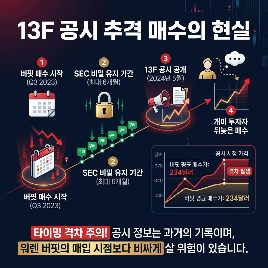 13F 공시 추격 매수의 현실 인포그래픽 - 버핏 매수 시작부터 개미 투자자 뒤늦은 매수까지 타임라인