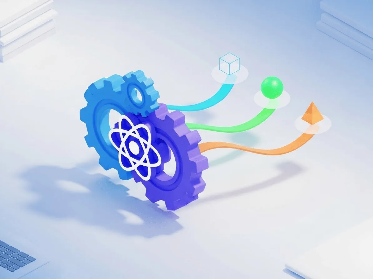 복잡한 상태 관리를 체계적으로 정리하는 useReducer의 개념을 톱니바퀴와 React 로고로 시각화한 3D 아이콘. 파란색과 흰색 그라데이션 배경에 화살표로 연결된 컴포넌트들이 깔끔하게 배치되어 있다.