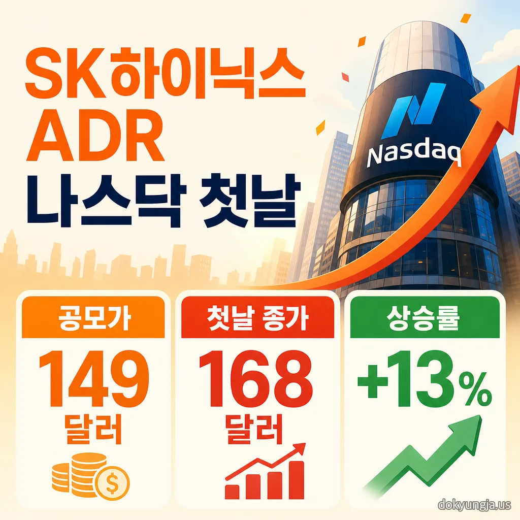 SK하이닉스 ADR 나스닥 첫날 성적 인포그래픽 — 공모가 149달러, 첫날 종가 168달러, 상승률 플러스 13퍼센트