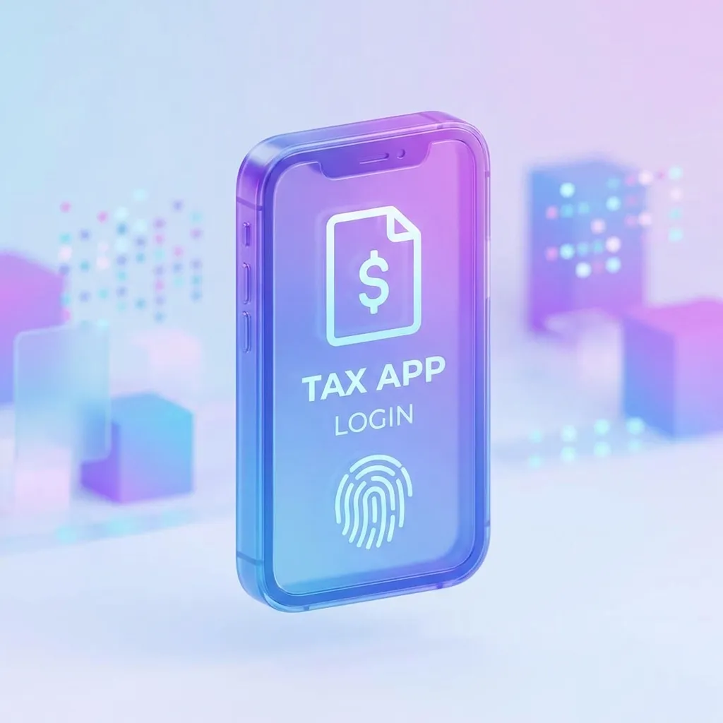 세금 앱 화면이 표시된 스마트폰과 문서 아이콘