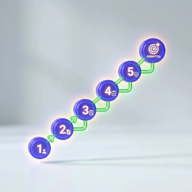 신청 절차 6단계를 시각화한 심플 3D 아이콘