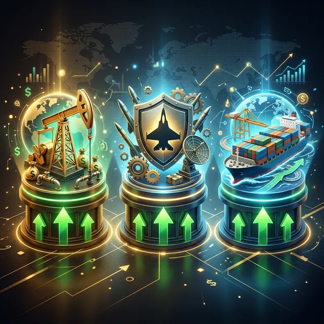 에너지, 방산, 해운 3대 수혜 섹터를 황금 받침대 위에 배치한 3D 일러스트, 각 섹터를 상징하는 석유 시추기, 전투기 방패, 화물선 아이콘과 초록색 상승 화살표