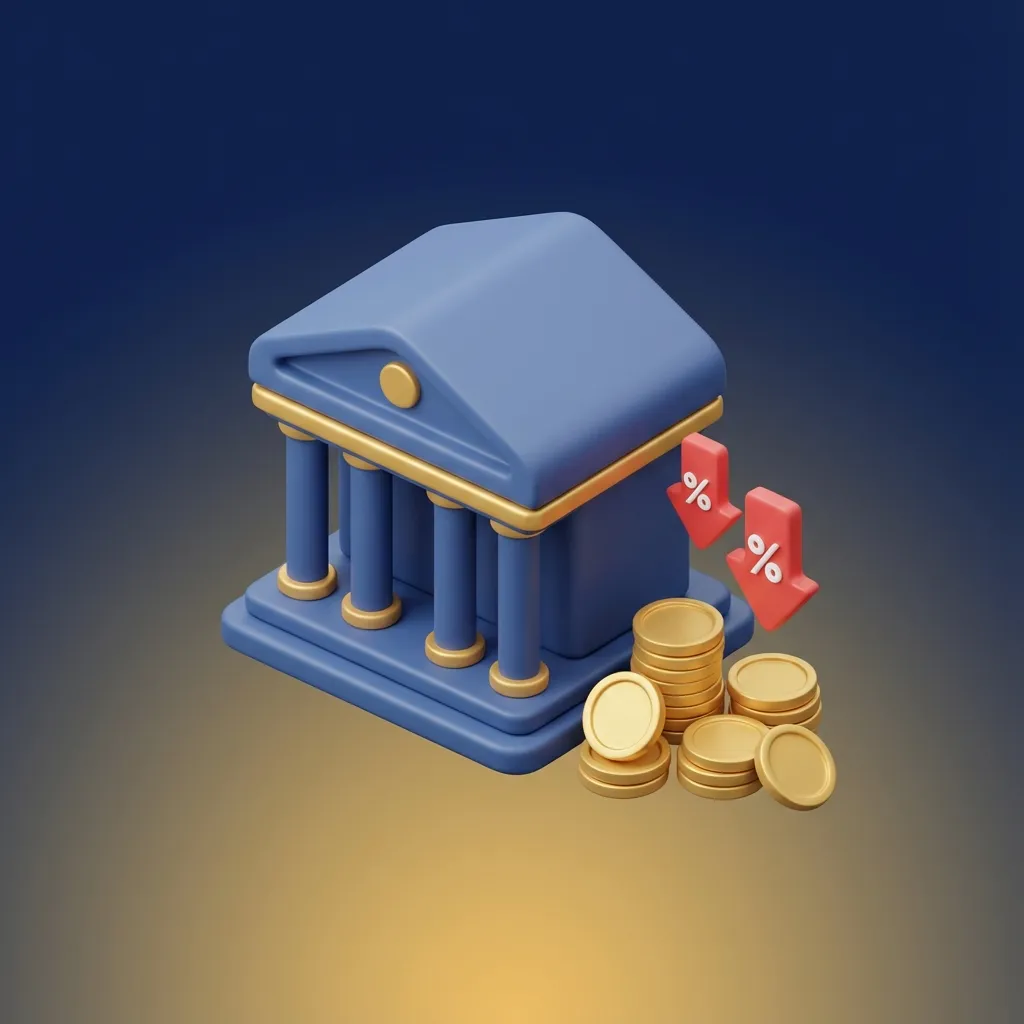 은행과 금융상품을 상징하는 동전, 퍼센트가 어우러진 아이콘