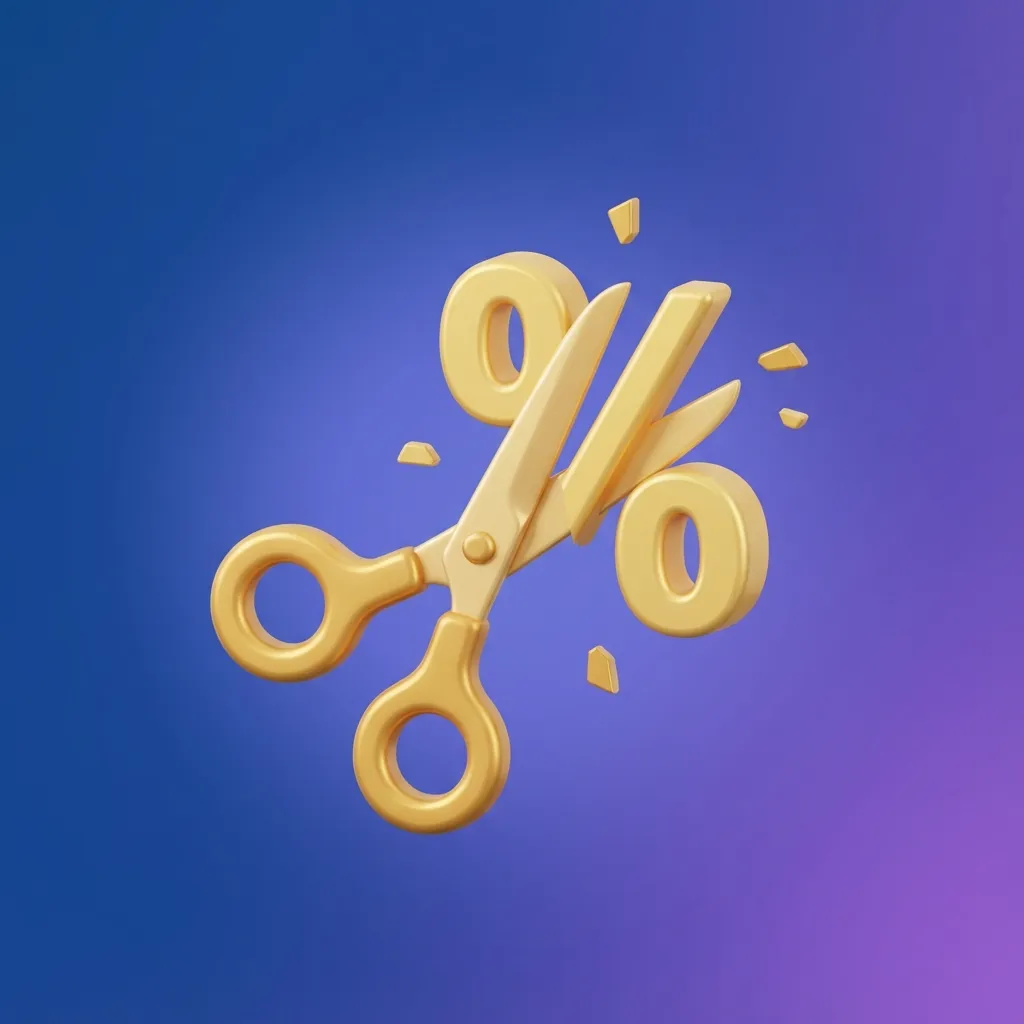 빅컷 기준금리 인하의 개념을 시각적으로 나타내는 가위와 퍼센트 기호