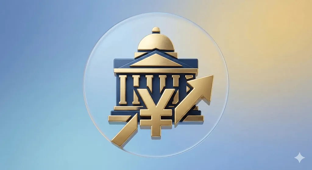 일본은행 건물을 형상화한 3D 아이콘과 엔화 기호, 상승 화살표가 함께 있는 금융 테마 일러스트