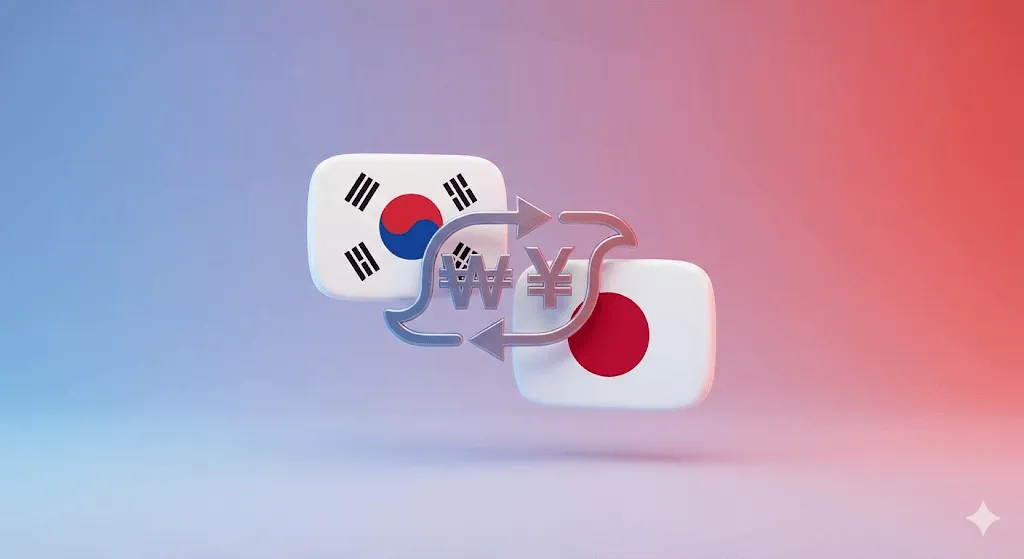 한국과 일본의 경제적 연결을 표현한 3D 아이콘, 화폐 기호와 화살표로 양국이 연결된 모습