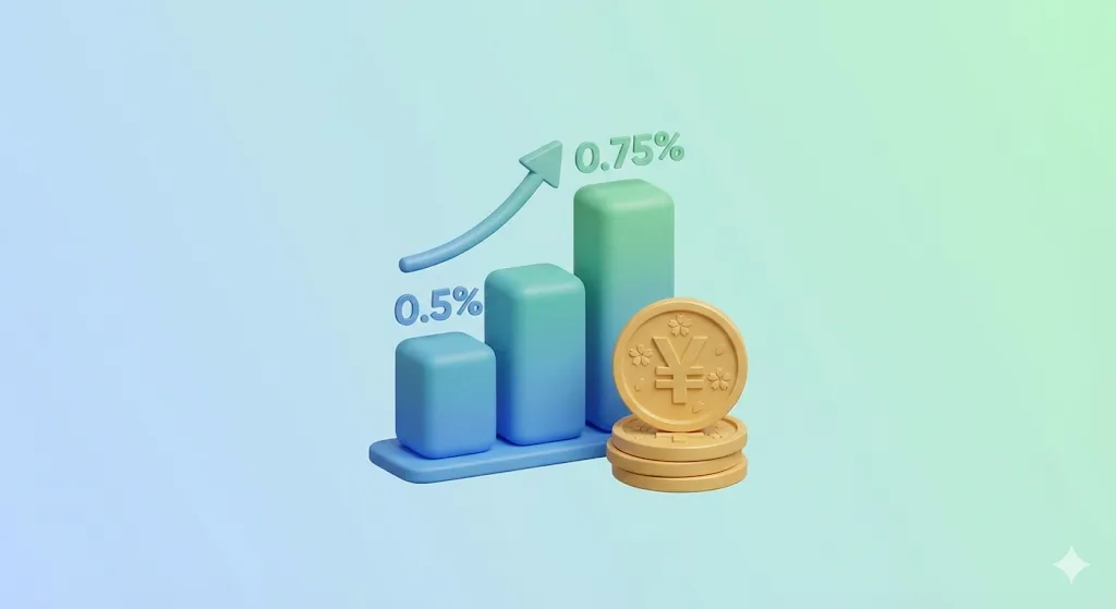 0.5%에서 0.75%로 상승하는 금리 그래프와 엔화 동전이 쌓여있는 3D 아이콘