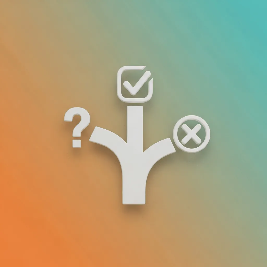 세 갈래로 나뉘는 선택의 길을 표현한 3D 아이콘, 각 길에 물음표와 체크 표시