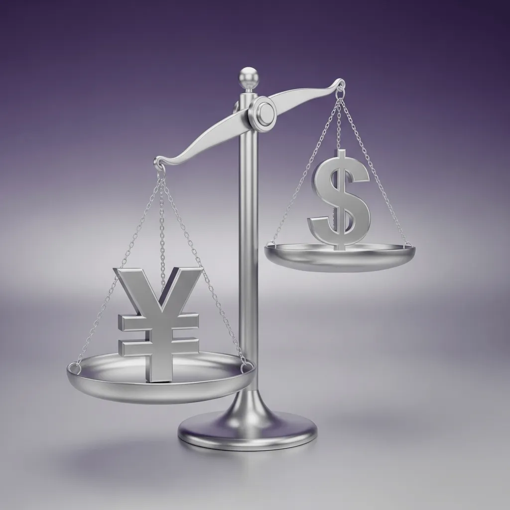 달러 대비 엔화가 강해지는 것을 표현한 저울 아이콘, 엔화 쪽으로 기울어진 모습