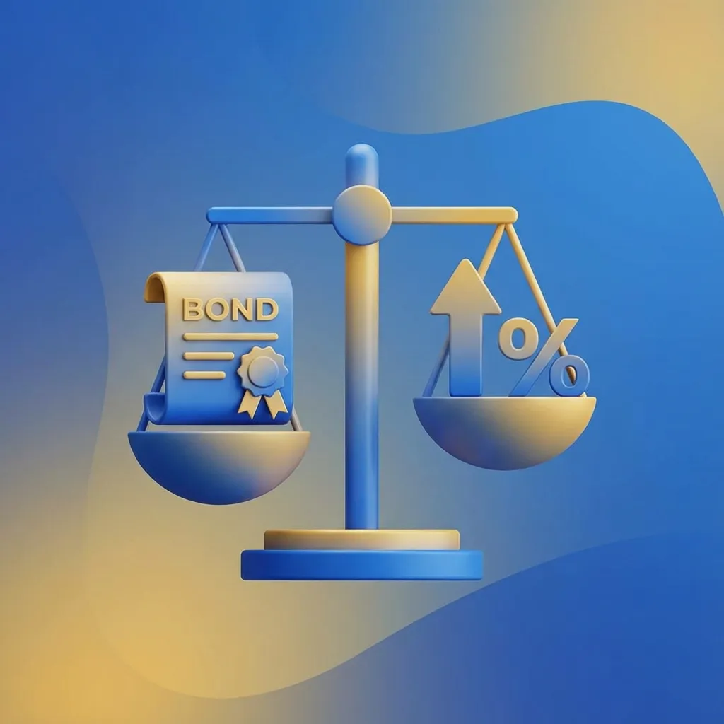 채권 가격과 금리의 관계를 보여주는 균형 저울 3D 아이콘, 파란색과 금색 그라데이션 배경