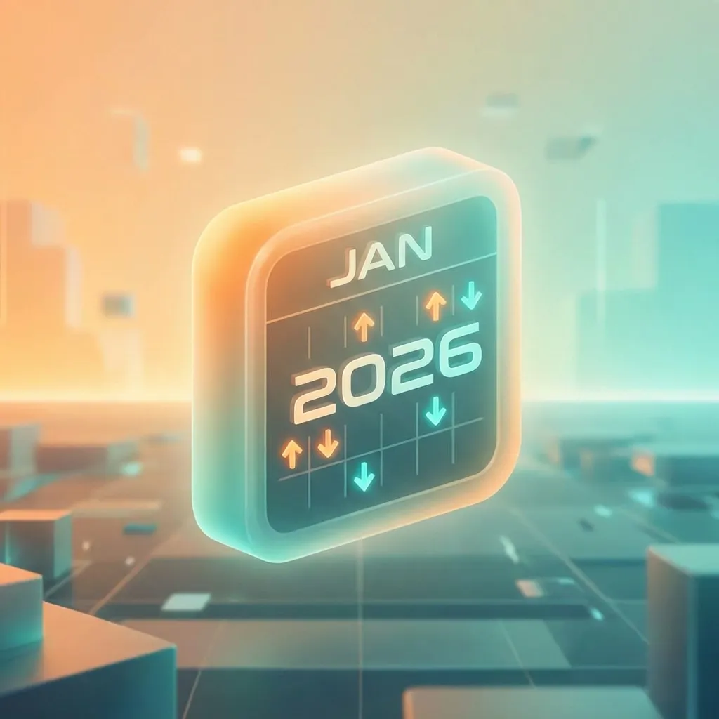 2026년 전망을 나타내는 달력과 상승·하락 화살표가 함께 표현된 아이콘