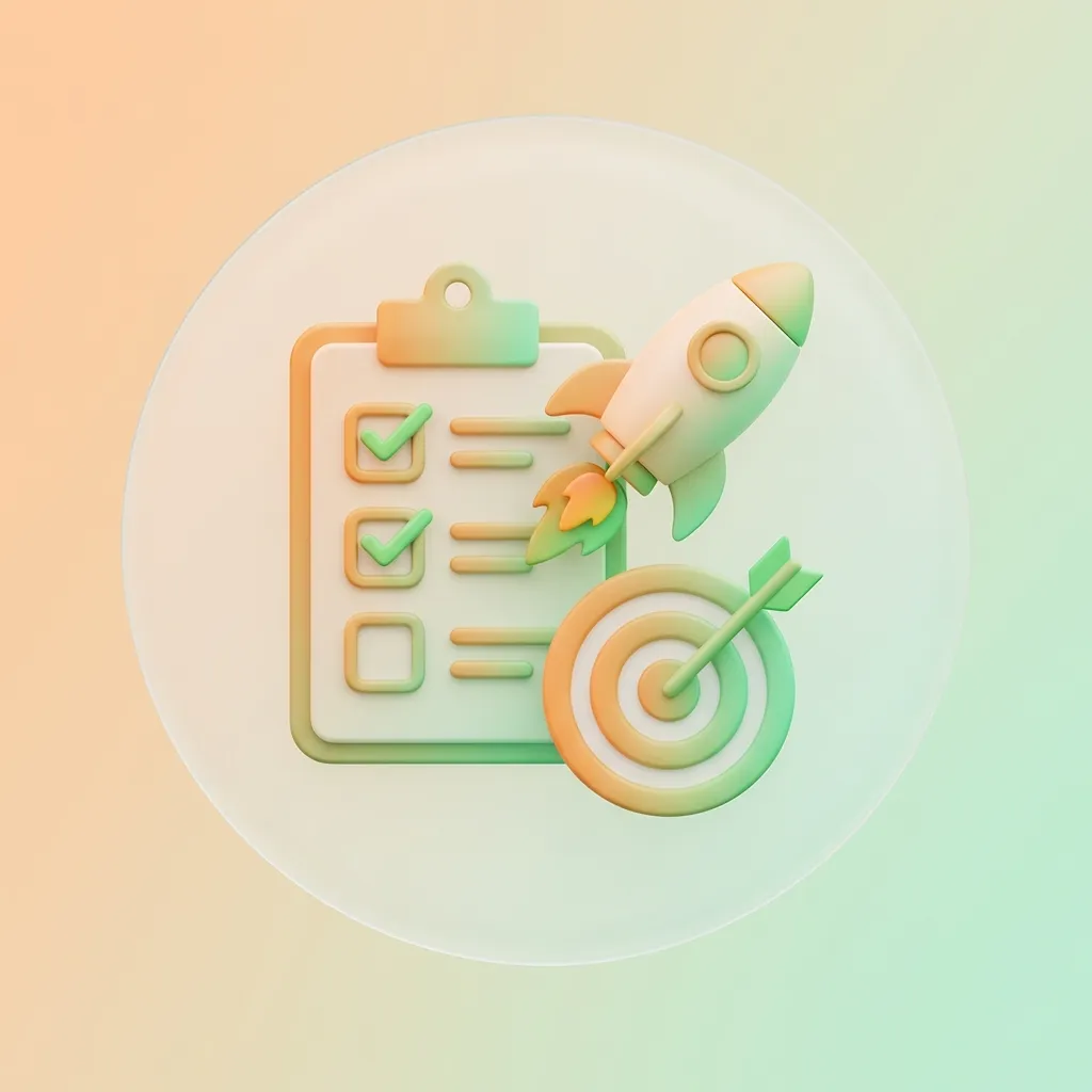 완료된 항목이 체크된 체크리스트와 발사되는 로켓