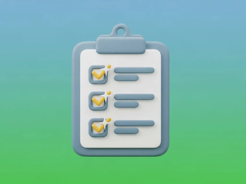 세 가지 항목이 있는 3D 체크리스트 아이콘, 황금색 체크 표시가 있는 기하학적 체크박스, 클립보드 디자인, 파란색에서 녹색으로 변하는 그라데이션 배경