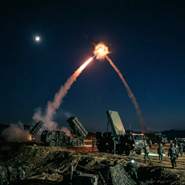 천궁-II 미사일 방어 시스템이 야간에 탄도 미사일을 요격하는 장면, 한국 방산 기술력의 실전 검증을 보여주는 드라마틱한 장면