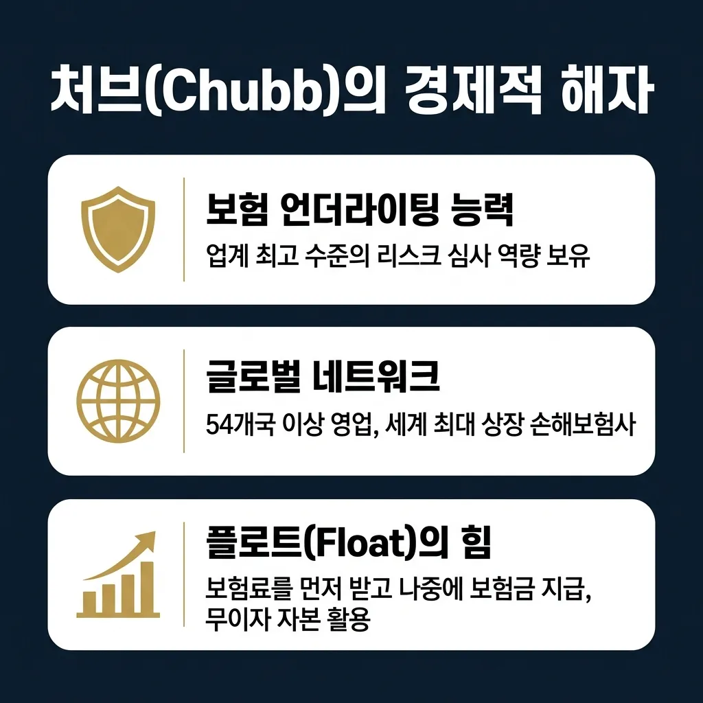 처브(Chubb) 경제적 해자 인포그래픽 - 보험 언더라이팅, 글로벌 네트워크, 플로트의 힘