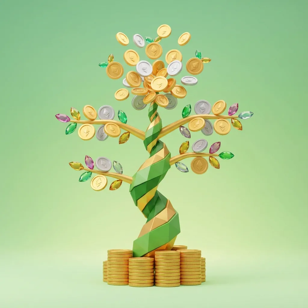 시간이 지나며 동전이 불어나는 복리 효과를 나타낸 돈 나무 3D 스타일 일러스트