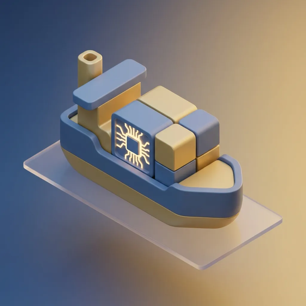 한국 수출을 상징하는 컨테이너선과 반도체 칩이 함께 표현된 3D 아이콘