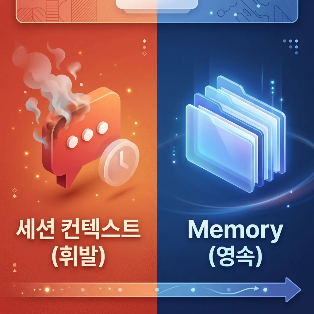 세션별 컨텍스트와 영속 메모리 비교 인포그래픽 - 휘발되는 대화창과 누적되는 메모리 폴더의 차이