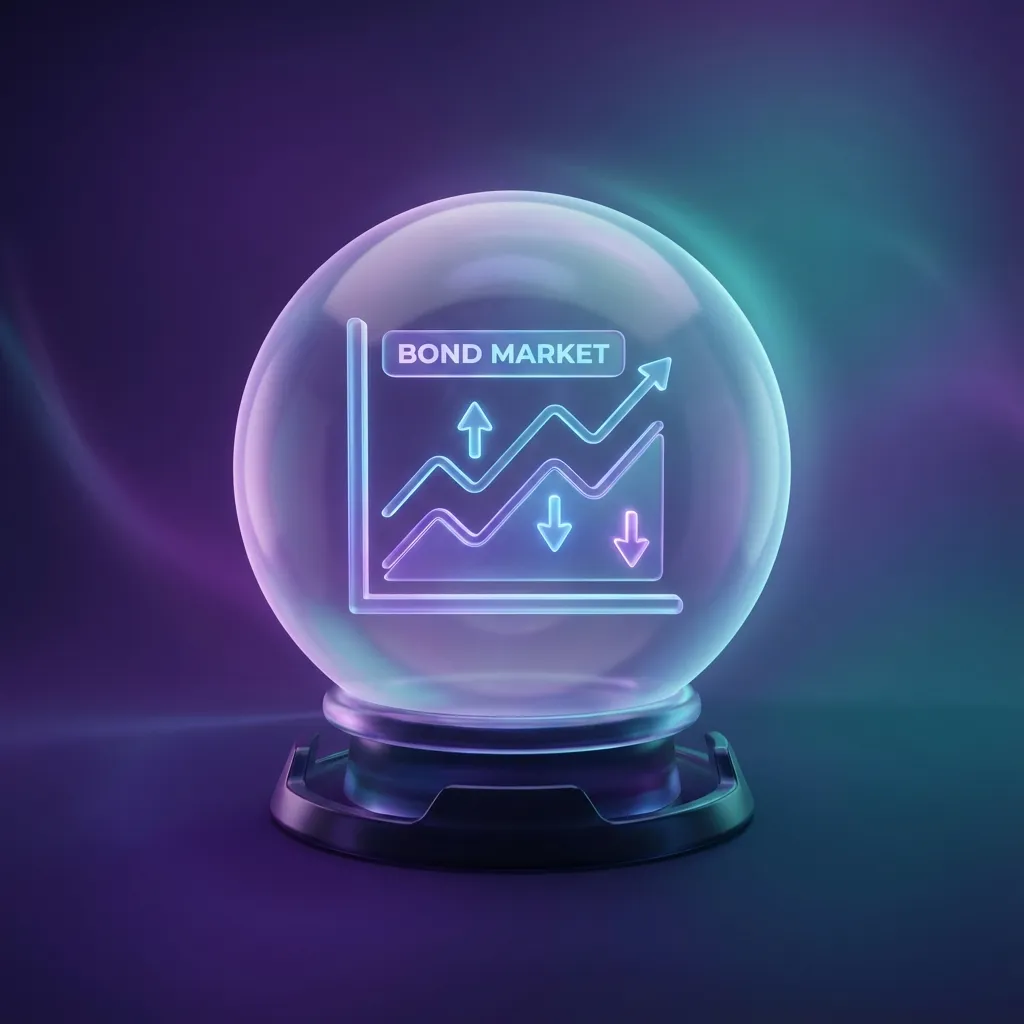 채권 시장 차트를 보여주는 수정구슬 3D 아이콘, 상승과 하락 화살표 포함, 보라색과 청록색 그라데이션 배경