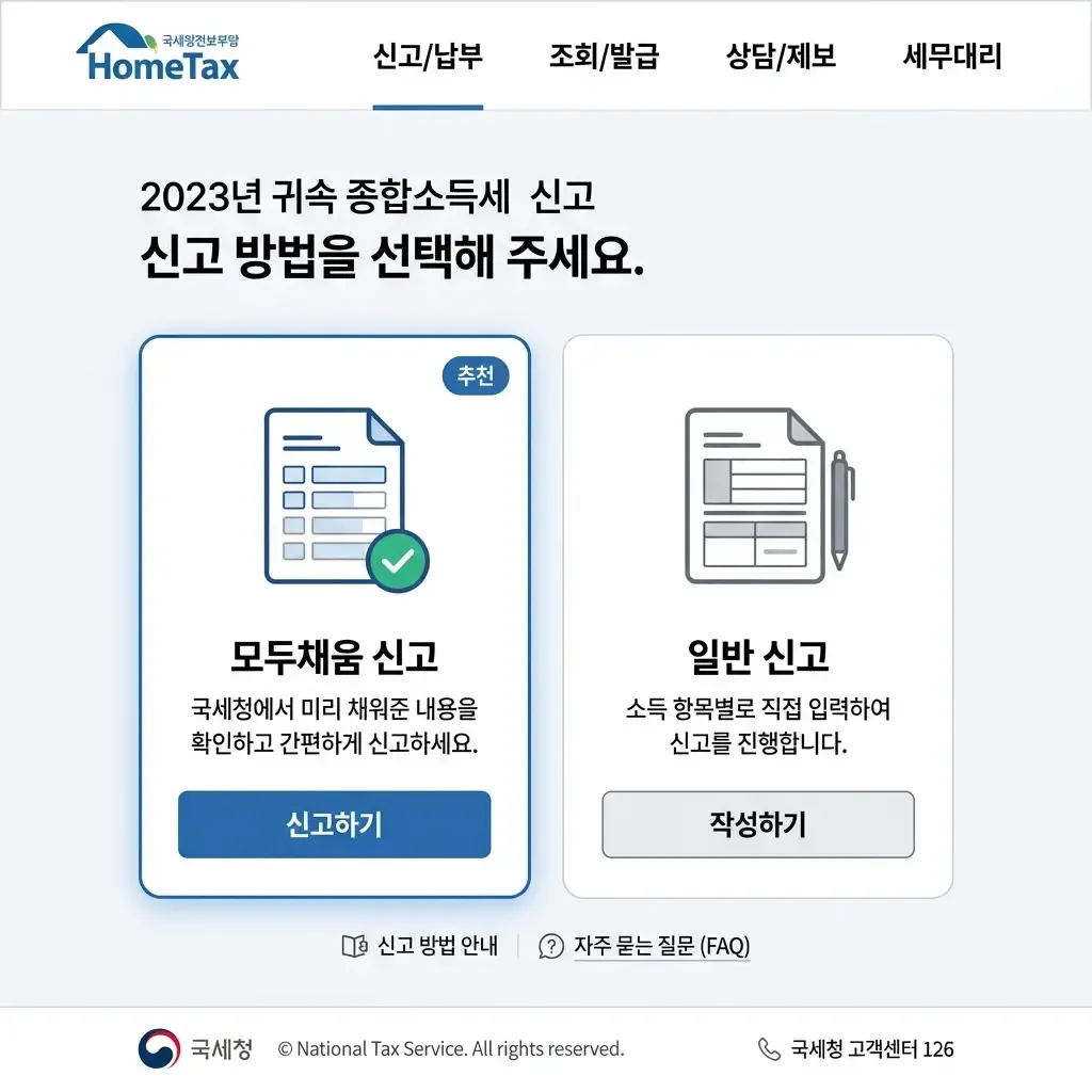 홈택스 종합소득세 신고도움 서비스 화면에서 모두채움 대상자 여부 및 신고유형 확인