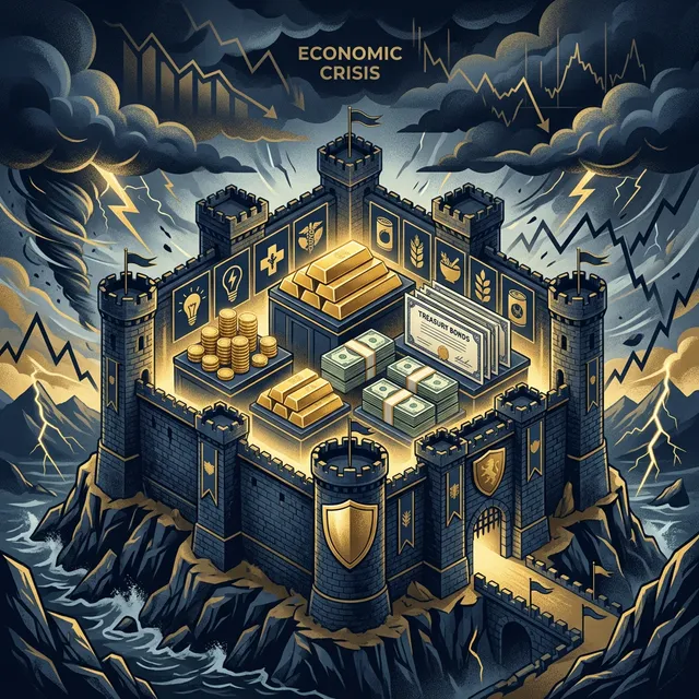경제 위기 속 방어적 포트폴리오 전략을 보여주는 프리미엄 일러스트, 성채가 금괴·국채·현금을 보호하고 주변에는 주가 폭락 폭풍이 몰아치는 장면