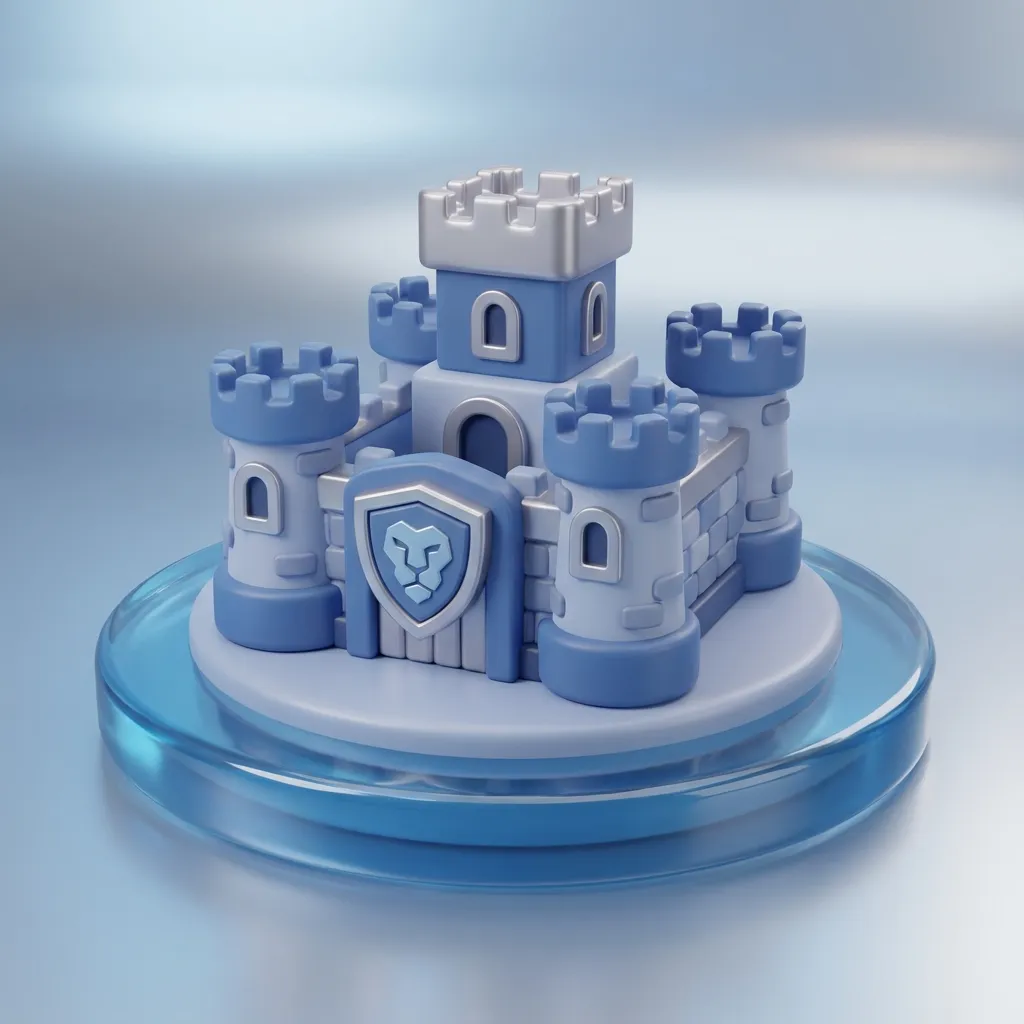 물로 둘러싸인 성과 방패 심볼이 있는 경제적 해자 개념의 3D 스타일 일러스트