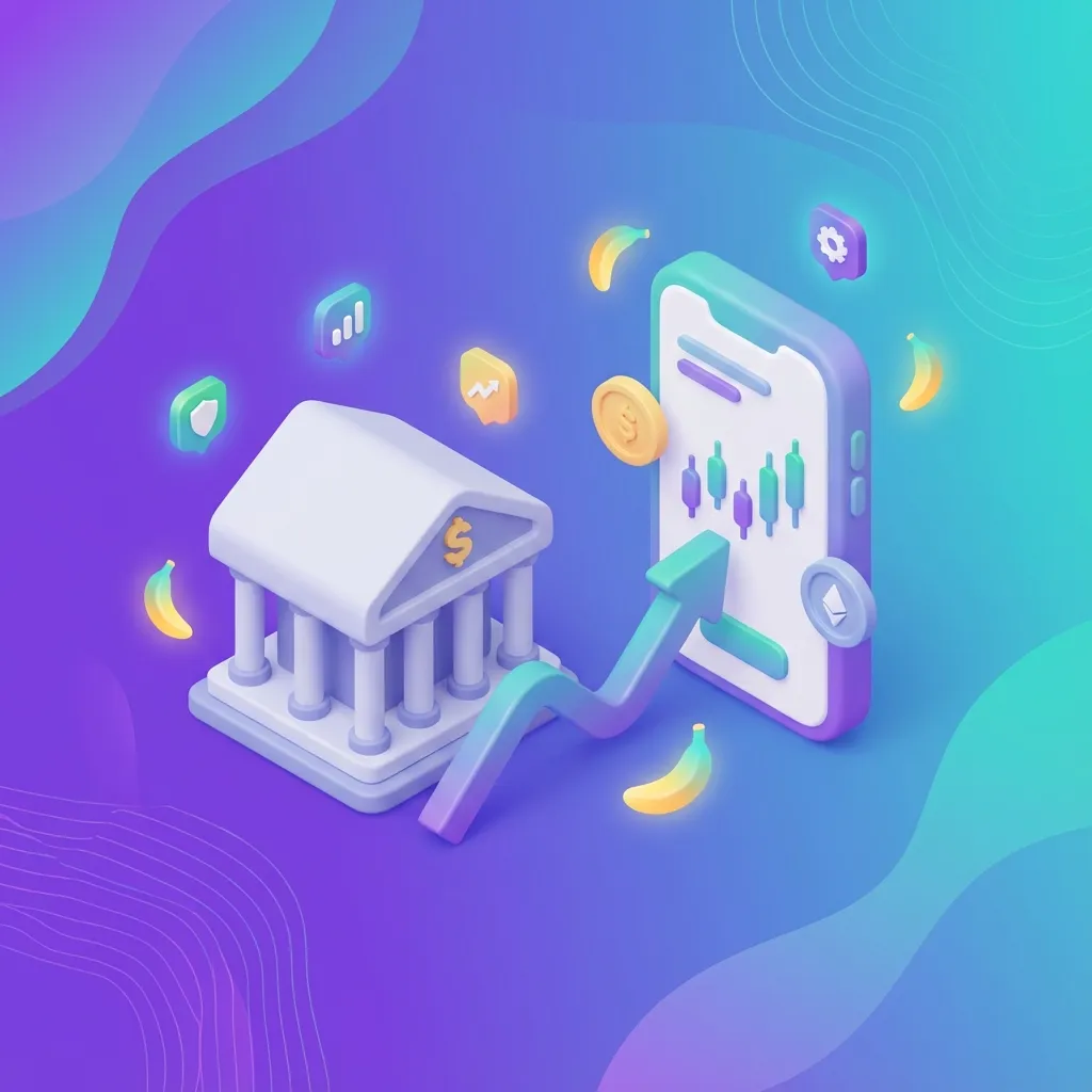 은행 건물과 증권사 모바일 트레이딩 앱을 비교한 3D 렌더링 이미지