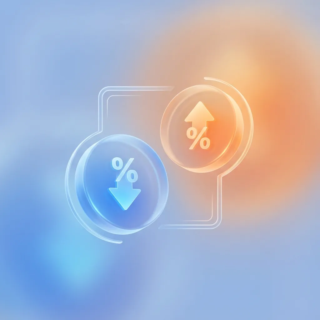 파란색 동전은 아래로, 주황색 동전은 위로 향하는 두 개의 금리 심볼을 나타낸 3D 아이콘