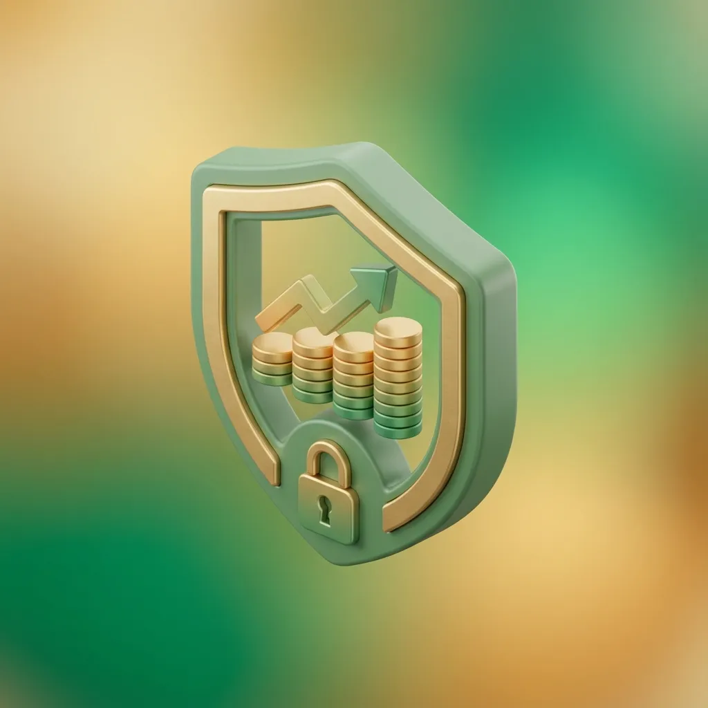 개인 재무 계획과 보호, 성장을 상징하는 방패와 차트 아이콘