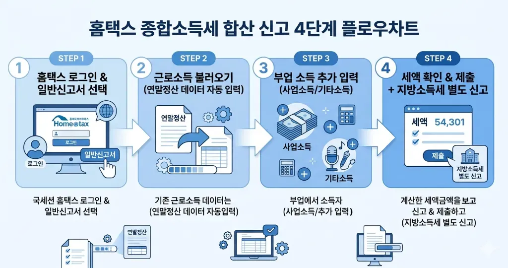홈택스 종합소득세 합산 신고 4단계 플로우차트