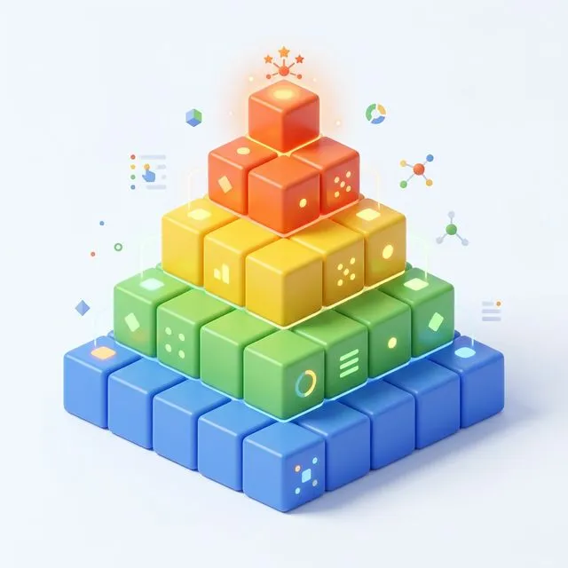 브릭을 차곡차곡 쌓아올린 계층형 아키텍처 점진적 향상(Progressive Enhancement)을 묘사하는 3D 블록
