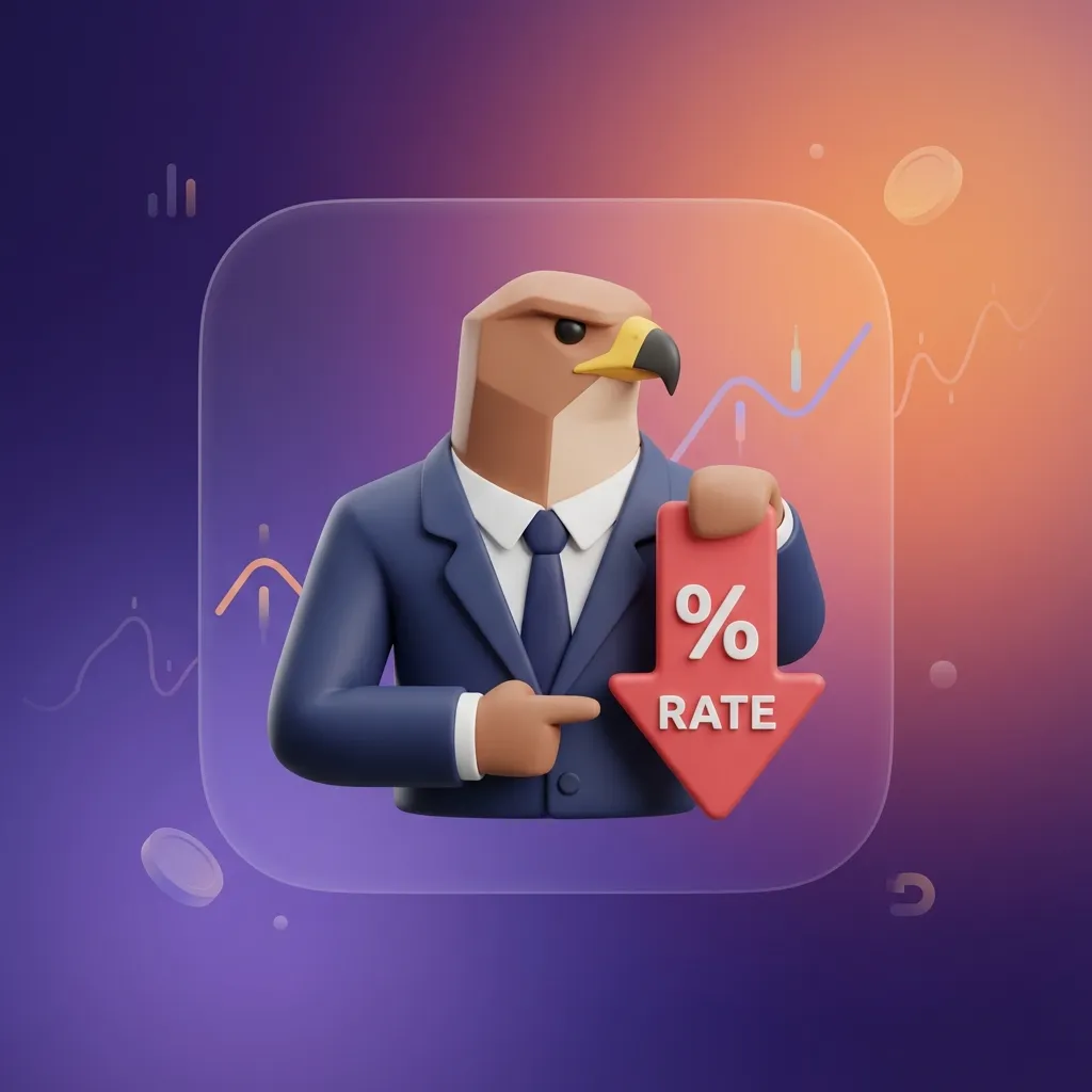 정장을 입은 매 새가 금리 인하 화살표를 들고 있는 3D 아이콘, 보라색과 주황색 그라데이션 배경