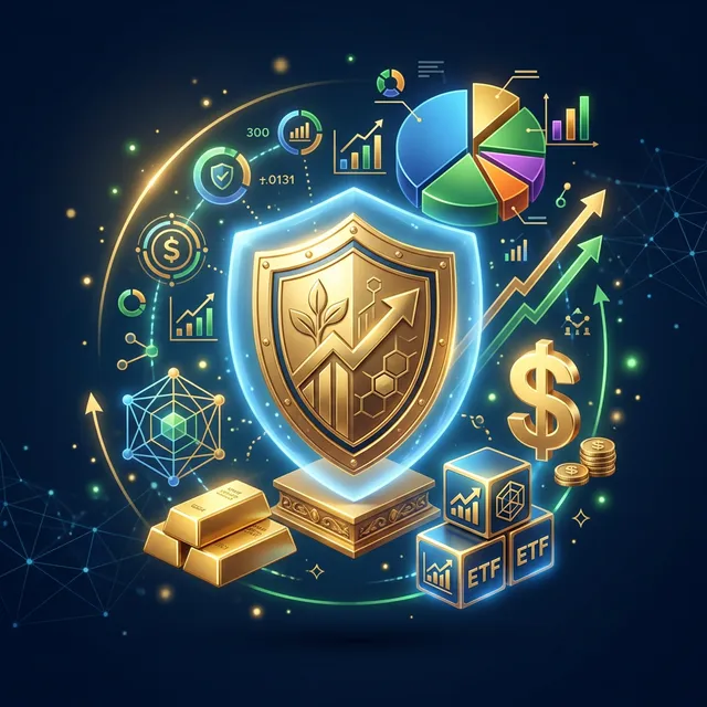 포트폴리오 헷징 전략 개념을 보여주는 3D 일러스트, 중앙의 황금 방패 주위에 금괴, 달러 기호, ETF 큐브, 파이차트 등 금융 상품 아이콘이 떠다니는 구성