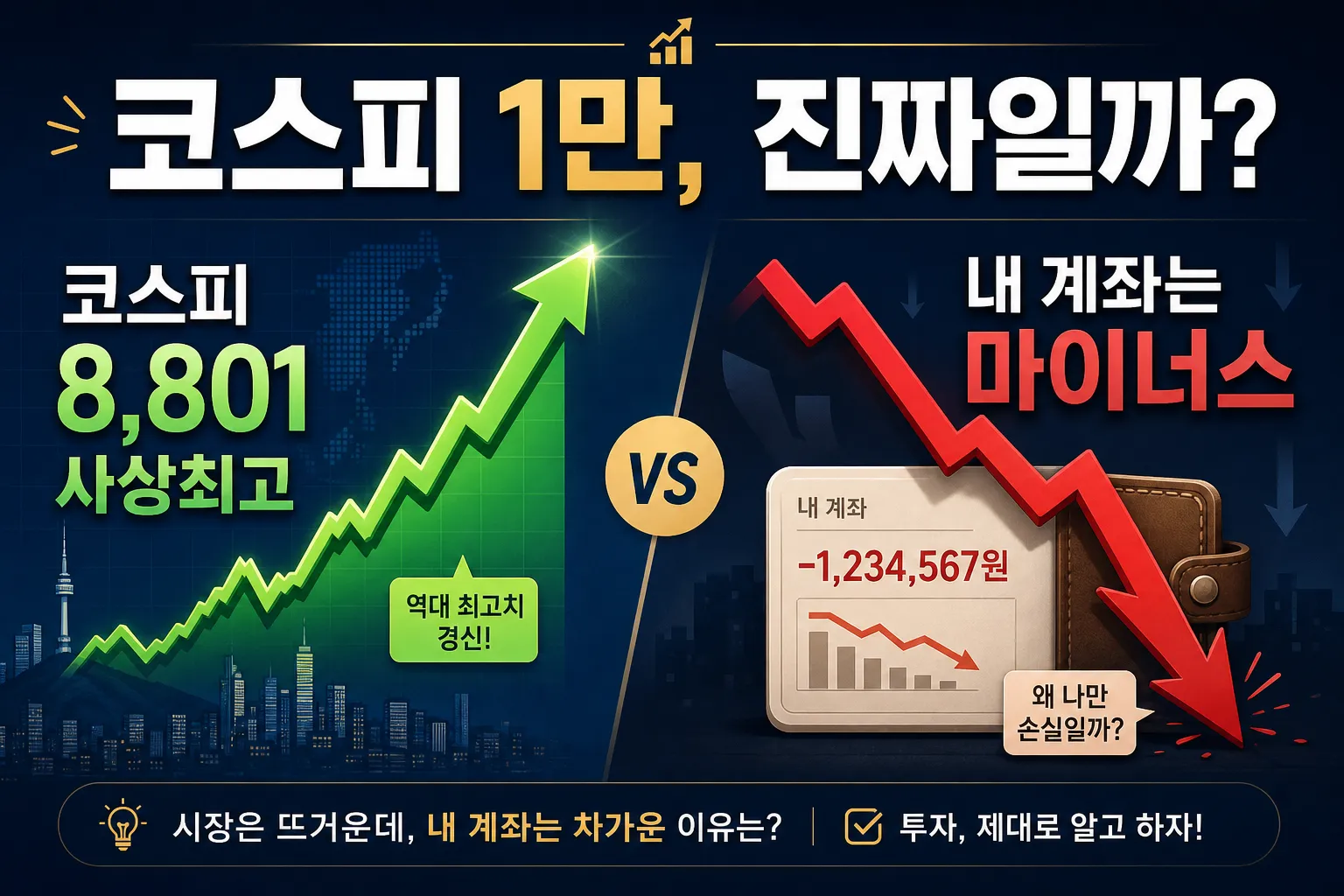코스피 1만 시대가 진짜인지 착시인지 묻는 썸네일 인포그래픽 — 지수는 상승 화살표지만 개인 계좌는 하락을 가리키는 대비