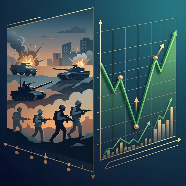 과거 중동 위기 시 주식 시장의 V자 회복 패턴을 보여주는 분할 일러스트, 왼쪽은 전쟁 상황 실루엣, 오른쪽은 V자 반등 차트