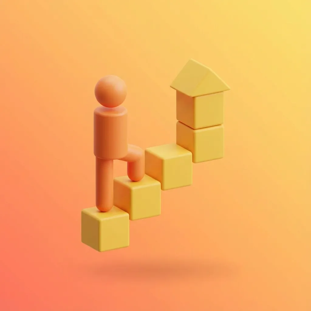 계단을 올라 꼭대기의 집으로 향하는 사람을 표현한 3D 미니멀 아이콘으로 내 집 마련의 희망을 시각화한 이미지