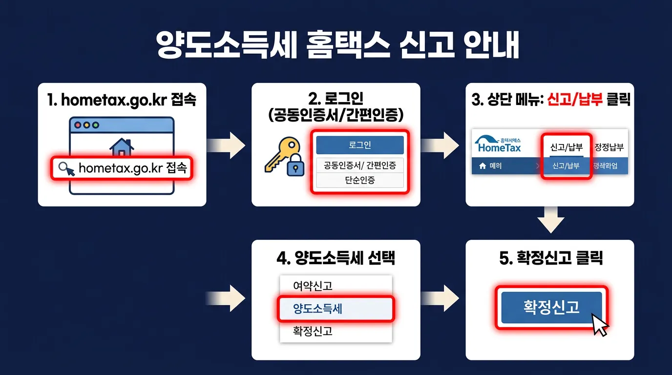 홈택스 양도소득세 신고 메뉴 찾기 내비게이션 인포그래픽