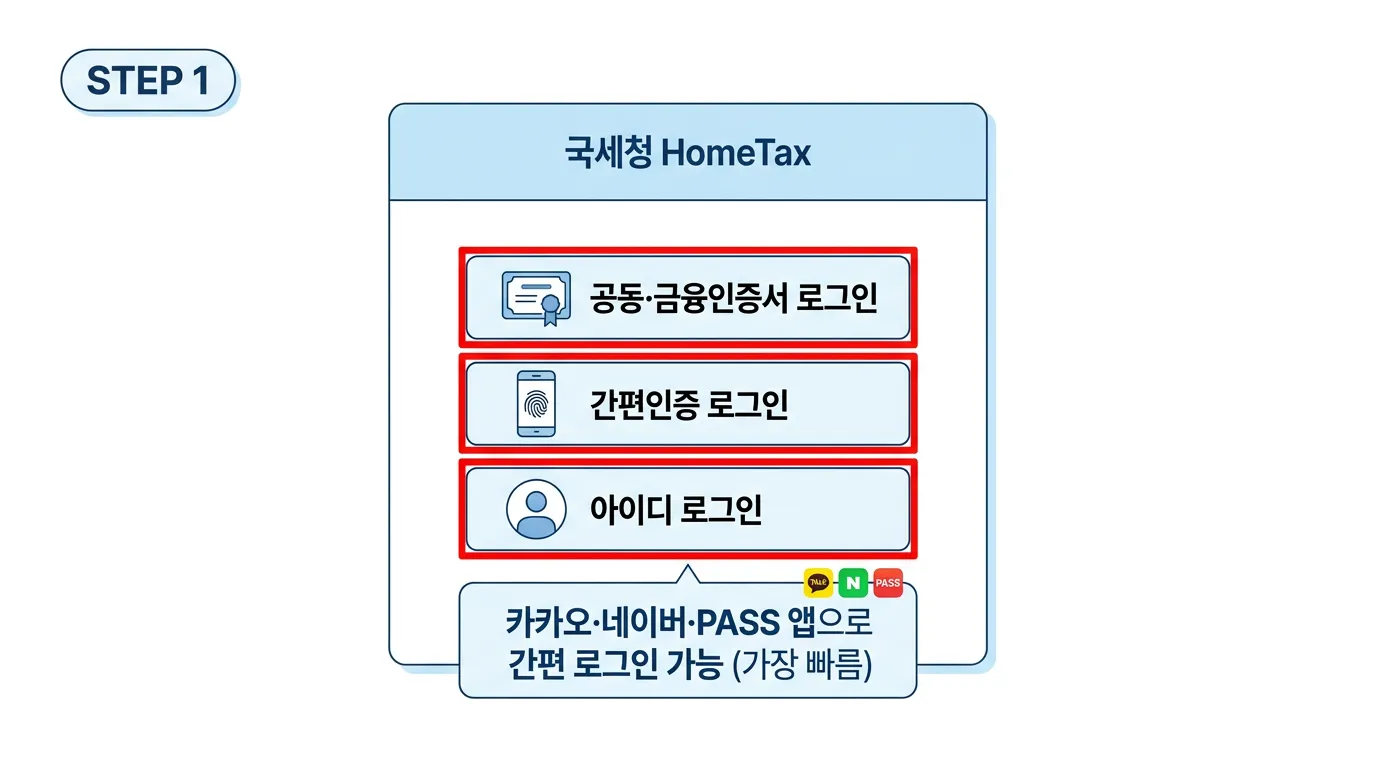 홈택스 로그인 화면 STEP 1 안내