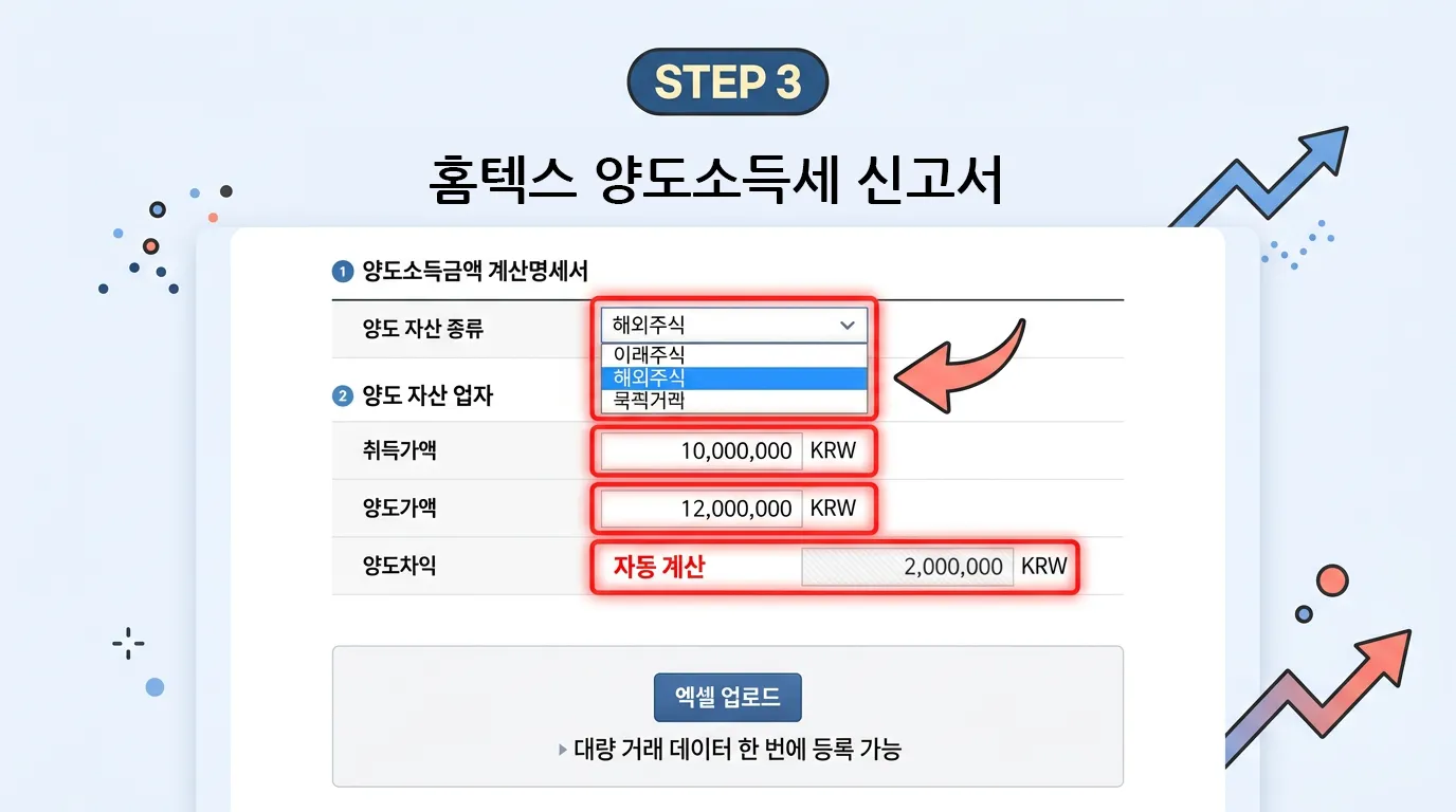 홈택스 해외주식 양도소득 입력 화면 STEP 3