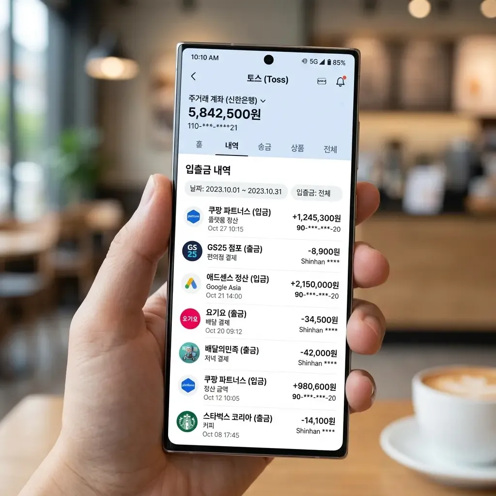 은행 앱 거래내역에서 매달 정기적으로 입금되는 부업 수익 패턴 확인