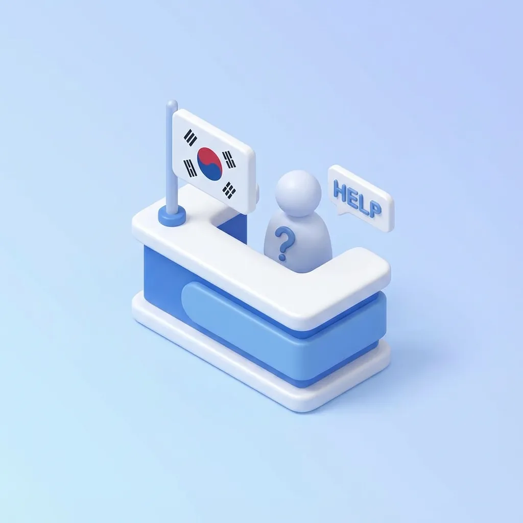 정보 안내와 지원을 상징하는 안내 데스크와 태극기 아이콘