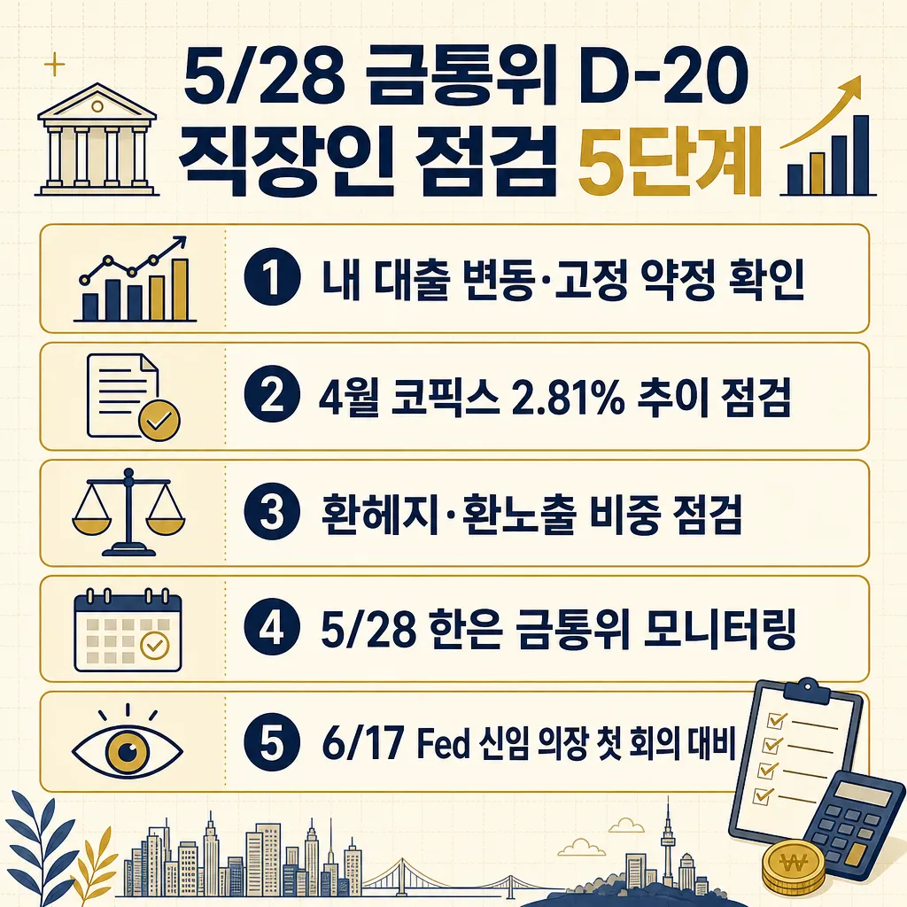 5/28 한은 금통위 D-20 직장인 점검 5단계 — 대출 약정 확인, 코픽스 추이, 환헤지 비중, 5/28 모니터링, 6/17 Fed 대비 한글 인포그래픽