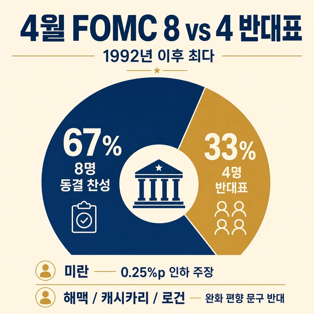 4월 FOMC 8 대 4 반대표 분포 — 미란은 0.25%p 인하 주장, 해맥·캐시카리·로건은 완화 편향 문구 반대를 보여주는 한글 인포그래픽